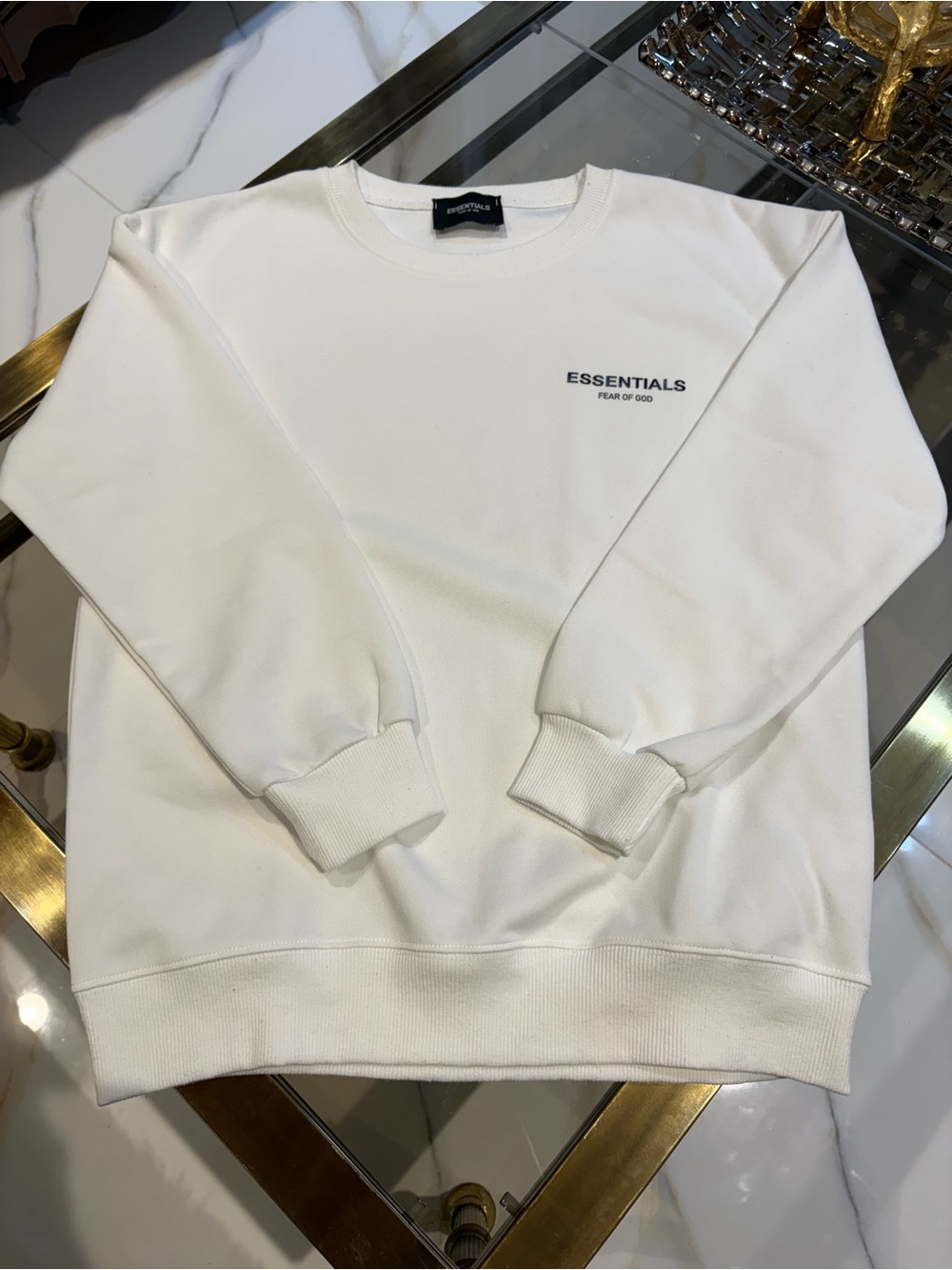 Essentials White Crewneck Sweatshirt with Small Chest Logo